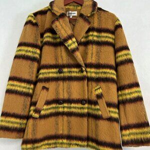 NWT Vigoss Brown Yellow Striped Double-Breasted Plaid Fully Lined Peacoat Small